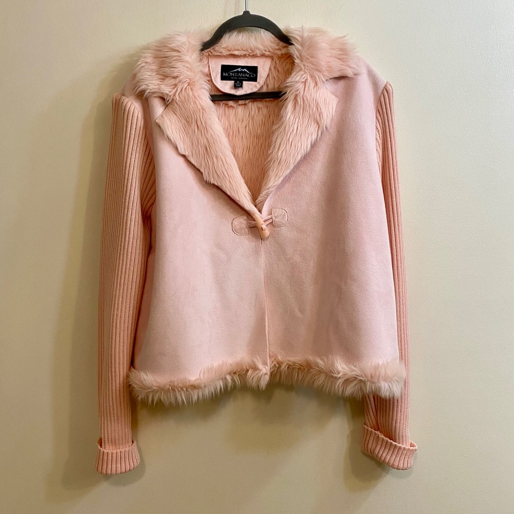 Montanaco Faux Suede Fur Trim Sweater Jacket Womens XL Pink VTG Y2K Boho Shacket